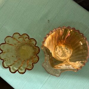 2 Vintage Carnival Glass, Clam Shell Seashell Dish and Indian Carnival Bowl